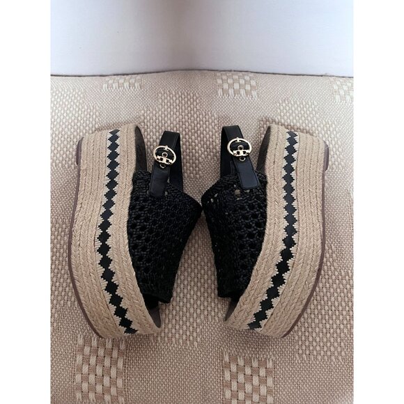 Tory Burch Black Dandy Espadrille Platform Slingback Sandals Woven Leather Logo - Picture 4 of 7